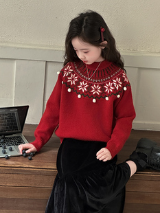 女大童红色毛衣本命年2025新款秋冬女童加厚打底初中生新年针织衫