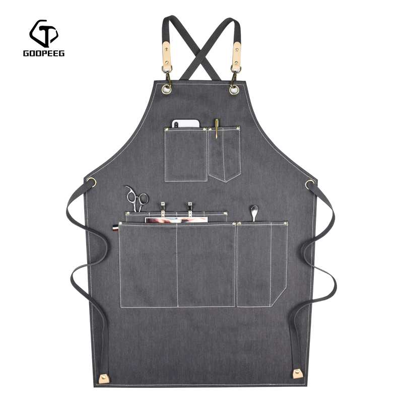 夏季帆布工e作围裙牛仔韩版美发理发师花艺咖啡师定制LOGO印字围