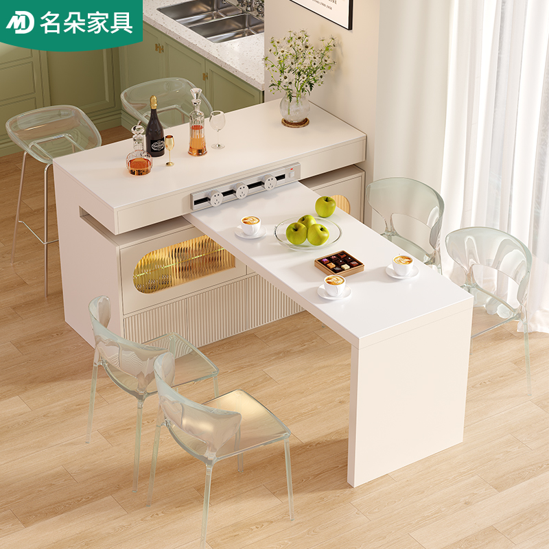 奶油风岩板伸缩旋转岛台餐桌一体家D用现代厨房餐厅吧台餐边隔断