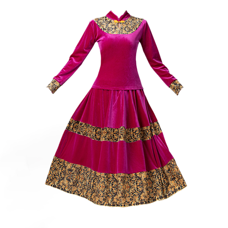 古典舞蹈演出服中k老年广场舞服装金丝绒套装长裙女秋冬新款表演