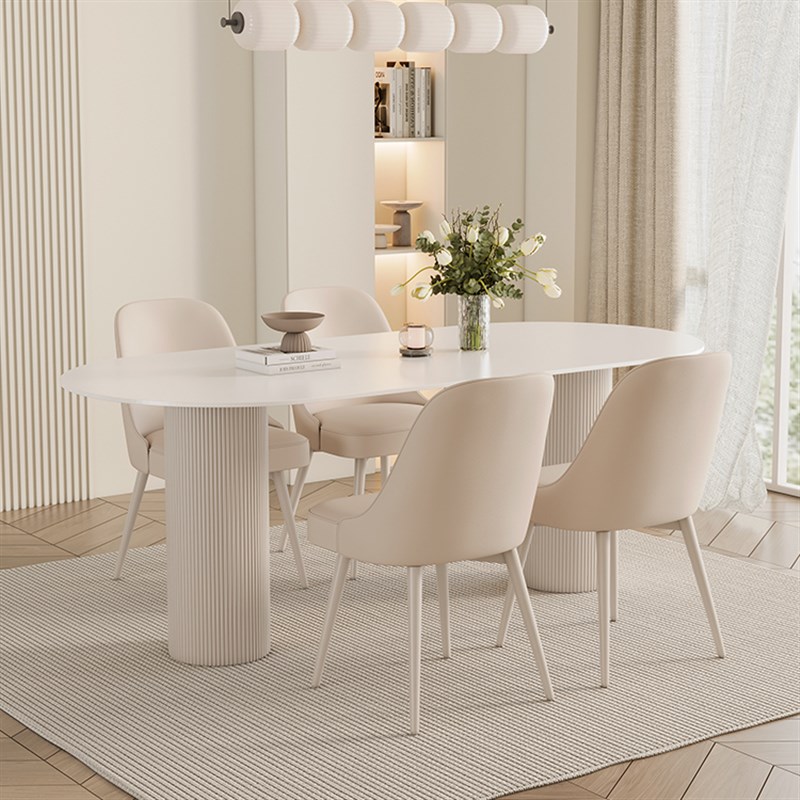 奶油风高端椭e圆形餐厅桌子纯白色岩板餐桌轻奢罗马柱饭桌家用简