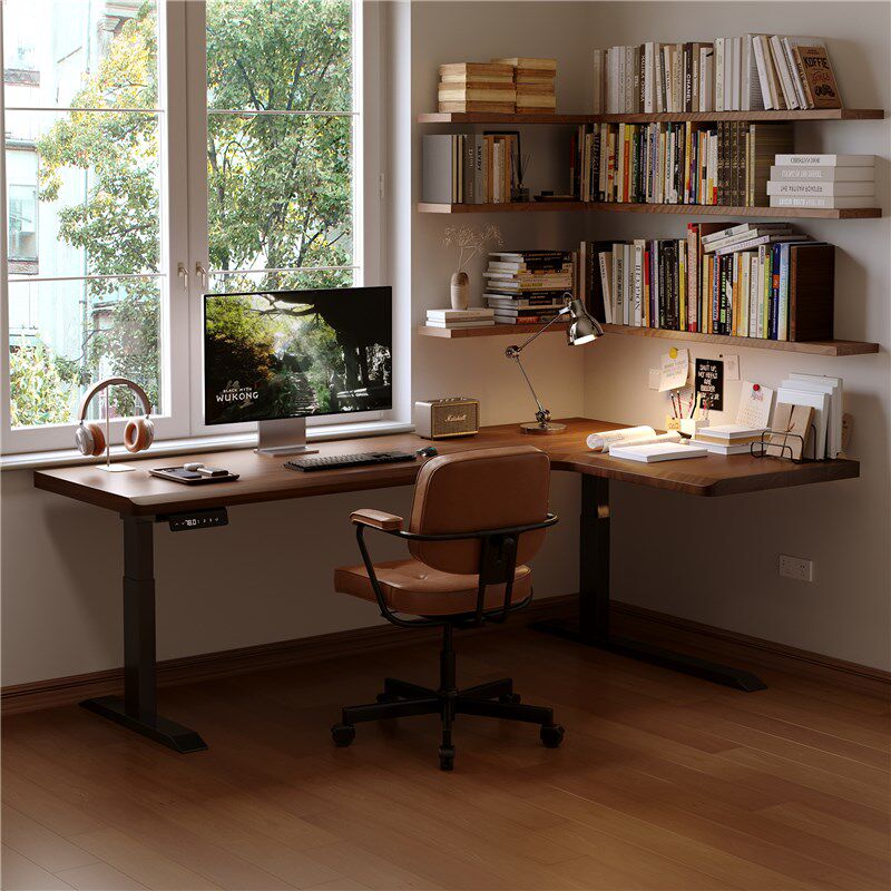 转角电动升降桌卧室家用实木书桌7字L型拐角电脑桌办公桌子工作台