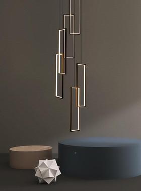 极简梯吊楼灯现代约创简意黑色方框别TIL墅中空灯厅具复式楼客大