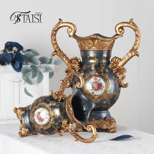 爆款树脂花工瓶奢华创意装饰品摆客厅玄CKU桌面件双耳花瓶艺关品