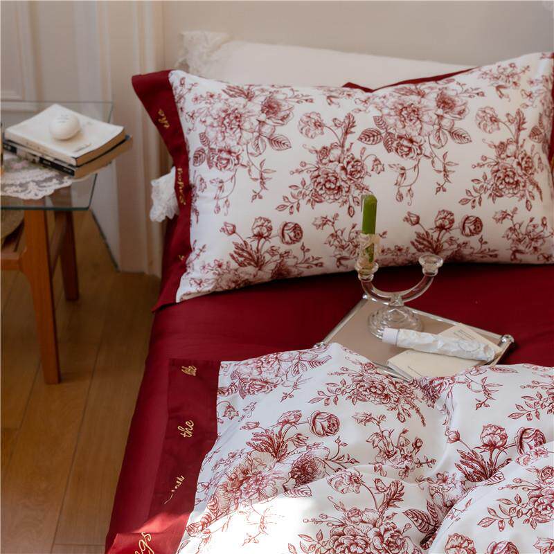 简嫁约红色结WQU婚.庆印花120支贡缎长绒棉纯棉四8件套喜被陪新婚