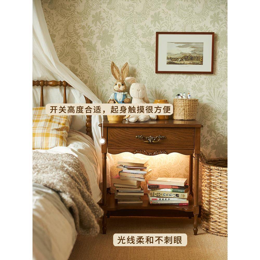 A5L美古式实木床头柜家用卧室收F76TST55纳复带灯床边小子置物柜