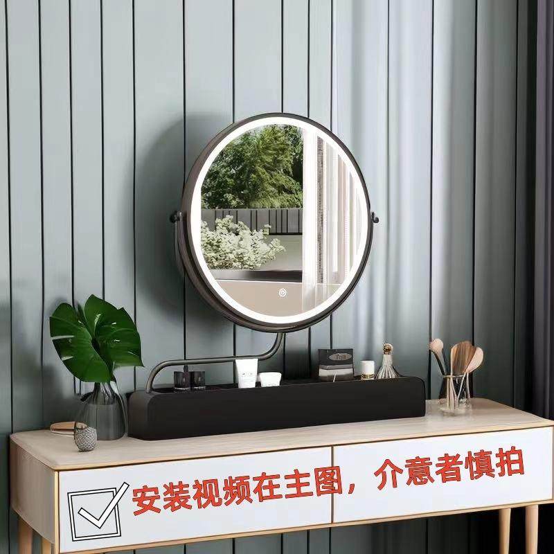 台QUE式化妆l镜纳盒一体梳妆台子轻奢收可旋转储物镜拉伸ed灯调光