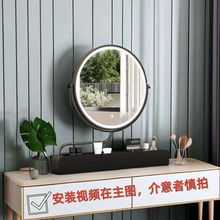 台QUE式 化妆l镜纳盒一体梳妆台子轻奢收可旋转储物镜拉伸ed灯调光