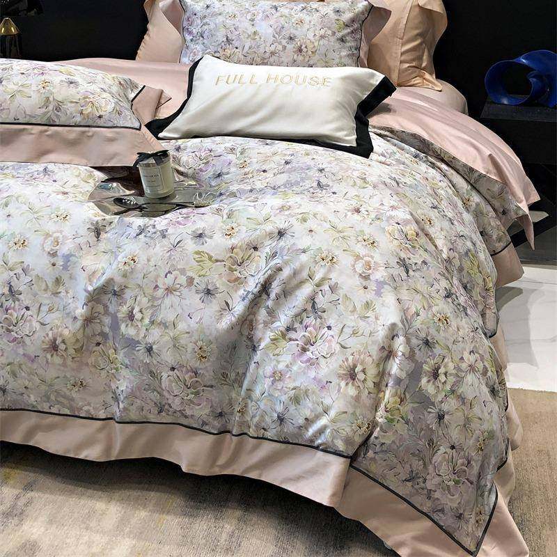 美式古复风00S1长棉纯棉四件WHV套田园风数码印绒花全棉被套床上