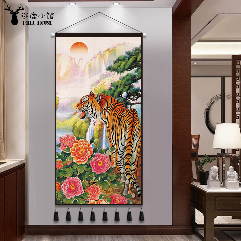 猛虎下山布艺挂画入户玄关墙面装饰画上山老虎图镇宅壁毯书房挂布
