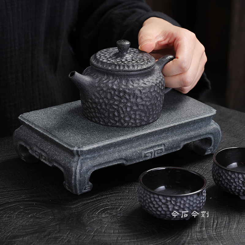 青石底座桌面摆件茶壶底座案台中式复古简约小花几石托架茶道配件