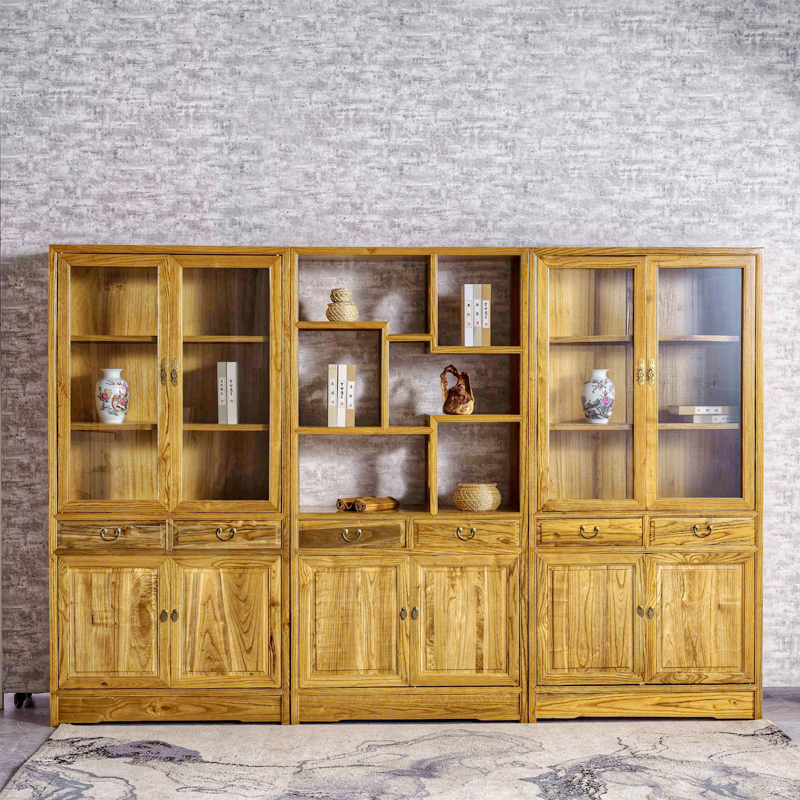 书房中式书柜三组合新中式全实木书橱带玻璃门客厅落地书柜置物架
