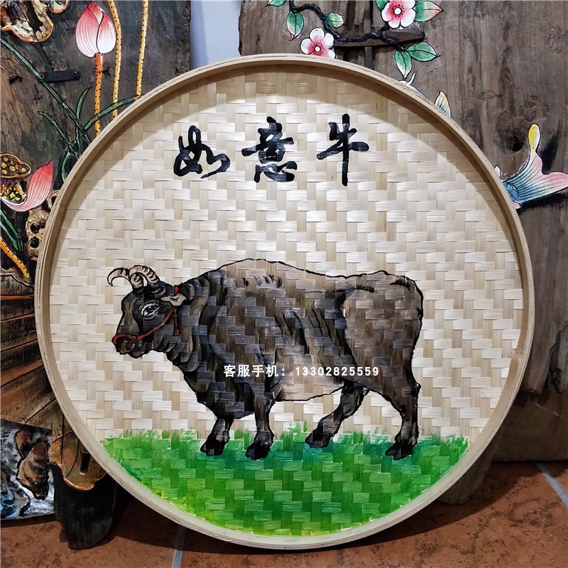 竹编手绘簸箕画五牛图饭店餐厅火锅店牛肉馆羊汤馆墙面装饰画挂件图片