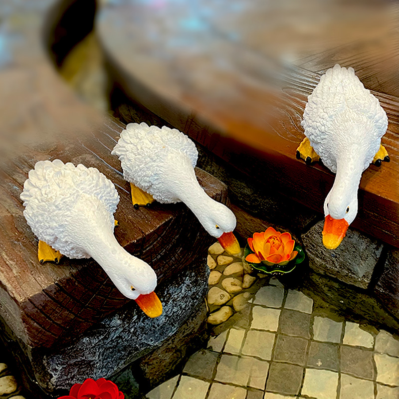 仿真动物白色喝水鸭子树脂雕塑花园庭院池塘水池装饰模型可爱摆件