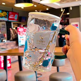 2024大容量耐高温玻璃水杯带盖勺家用办公室茶杯 高颜值杯子女新款