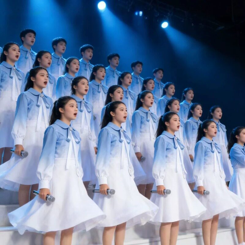 初高中学生成人蓝色爱国合唱团诗歌朗诵比赛演出服演讲服装班服女图片