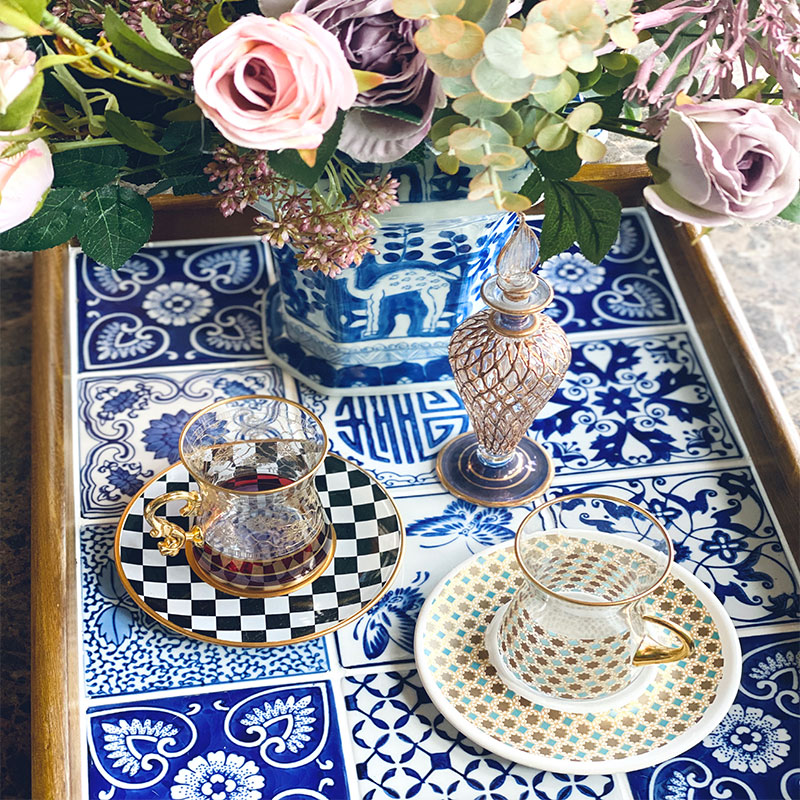 高两河纯手绘新中式美式青花粉彩瓷片拼接茶具茶盘陶瓷青花瓷托盘