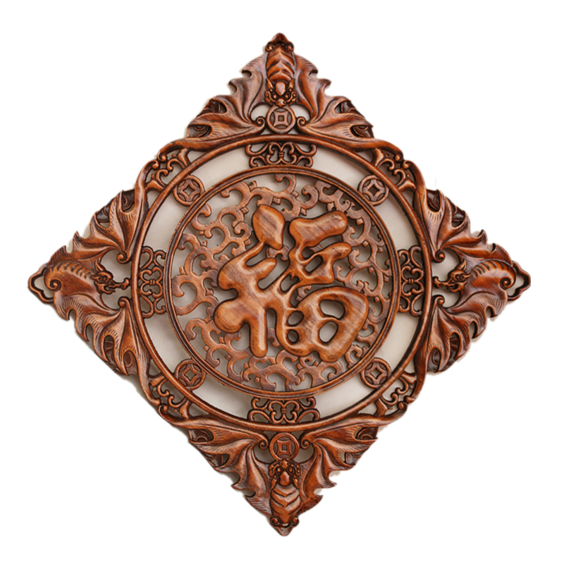 东阳中式仿古花窗 客厅香樟木实木挂件玄关方形壁挂福字鱼红木