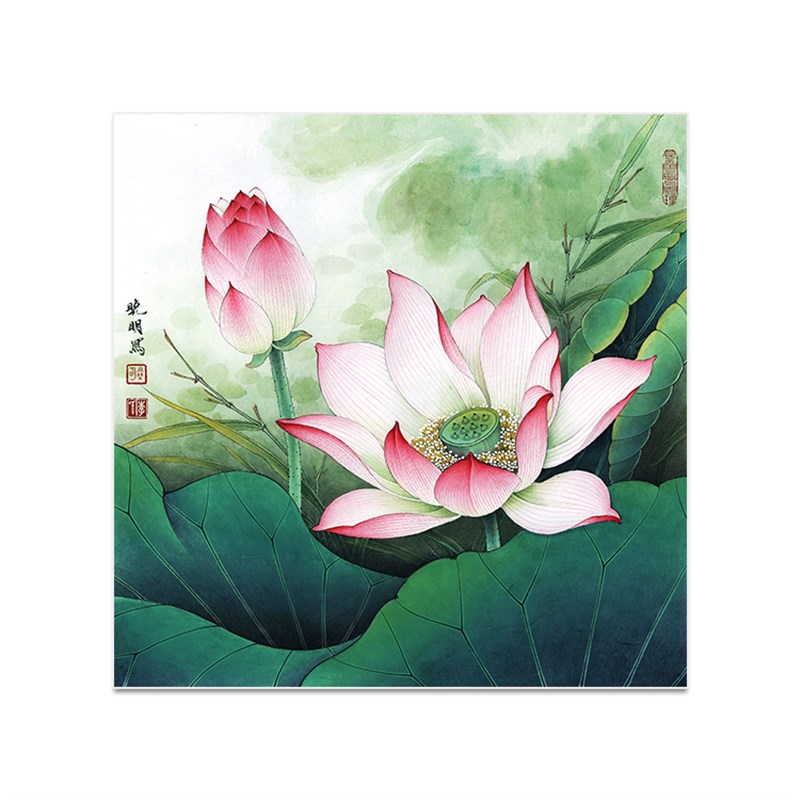 荷花贴画方形贴画厨房装饰画荷花自粘画卫生间墙画有框画挂画定制图片