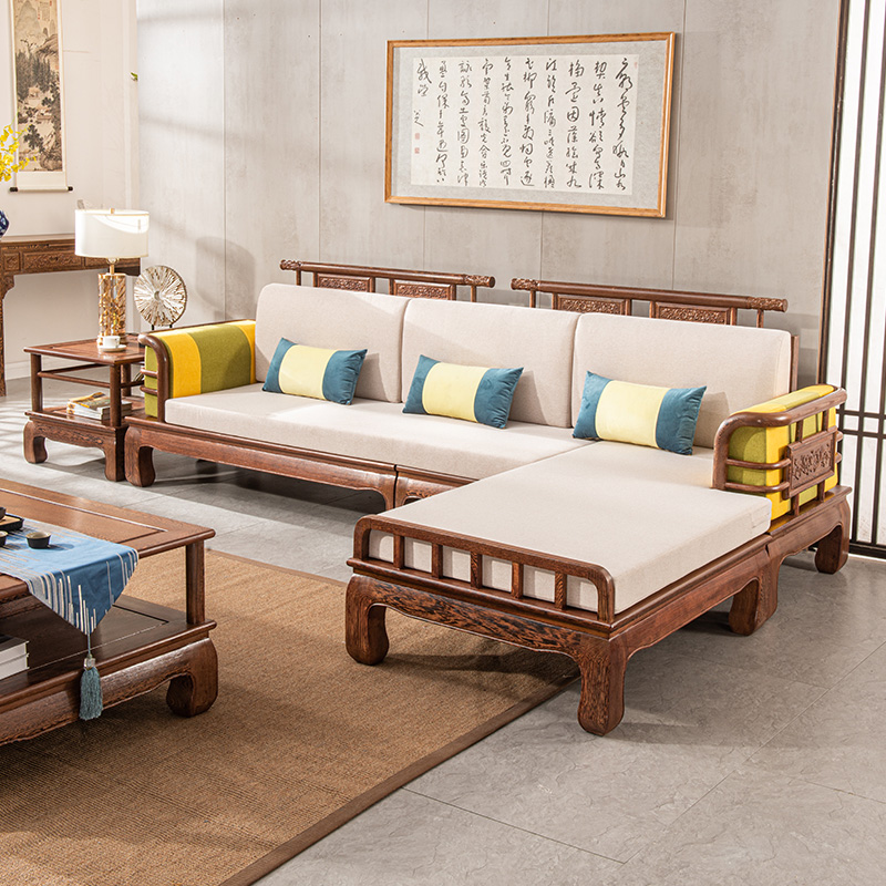 红木雕花鸡翅木新中式贵妃转角沙发大小户型组合实木客厅家具布艺