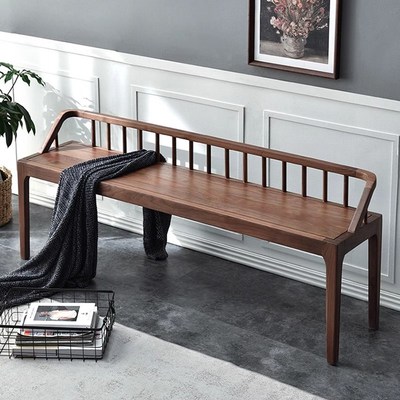 黑胡桃木全实木长凳带靠背家用茶桌凳餐厅原木餐桌长条凳子可定制