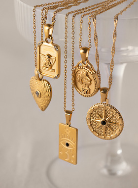 法式复古项链小众设计款硬币圆牌项链 ins冷淡风气质百搭毛衣链女