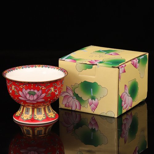 佛具用品珐琅彩绘高脚贡碗八吉祥供佛斋碗莲花供水杯藏式供宝石碗