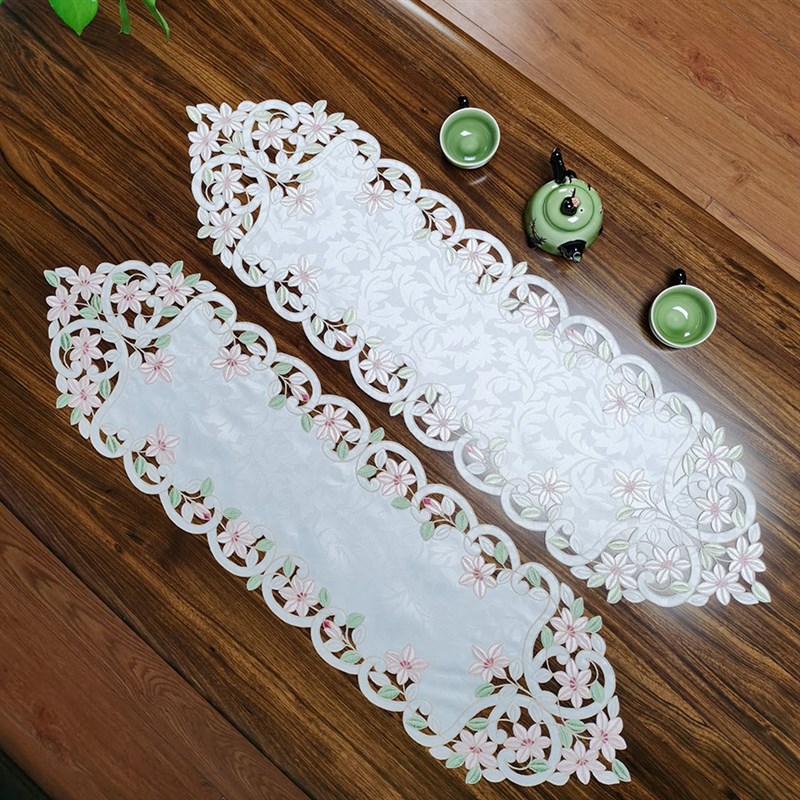 中式田园布艺绣花百合桌布茶几巾桌旗桌垫镂空盖巾国潮桌垫茶旗