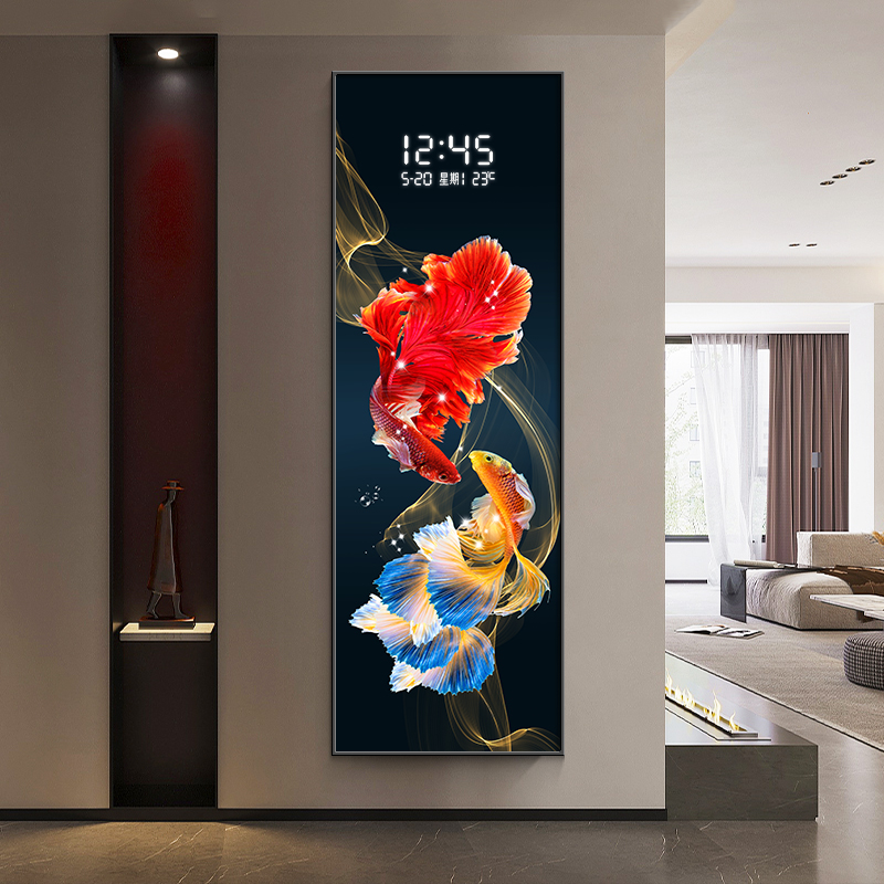 孔雀鱼玄关装饰画电子屏钟表客厅过道走廊挂画竖版锦鲤时钟壁灯画图片