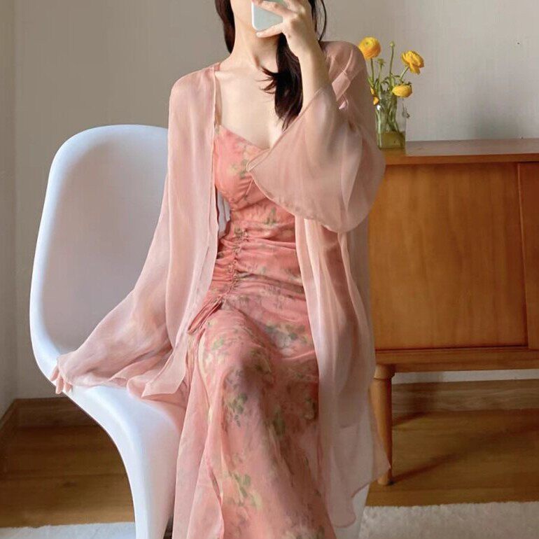 轻盈感~粉色仙女薄长袖中长款开衫雪纺衫喇叭袖宽松外搭防晒衣夏