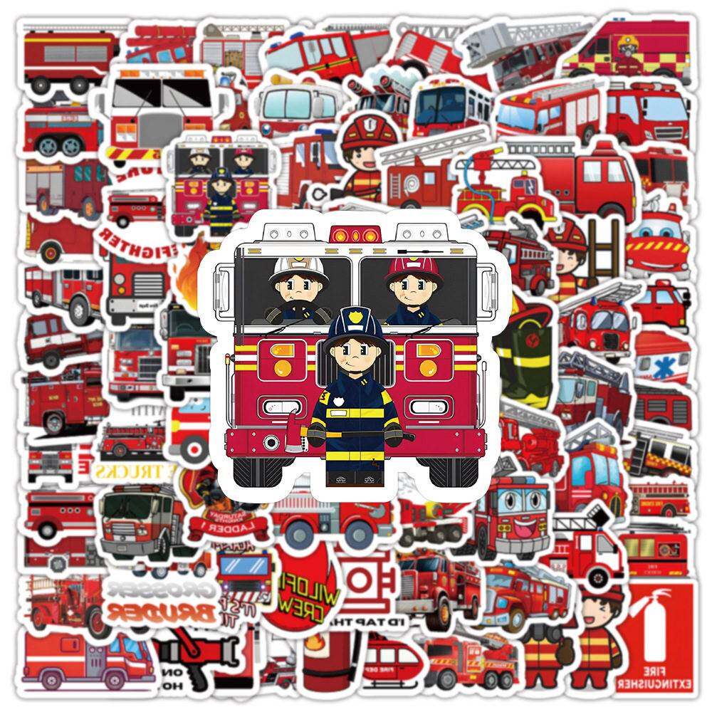 100卡通消防车防水贴纸在风创意装饰笔记本文具手册贴纸
