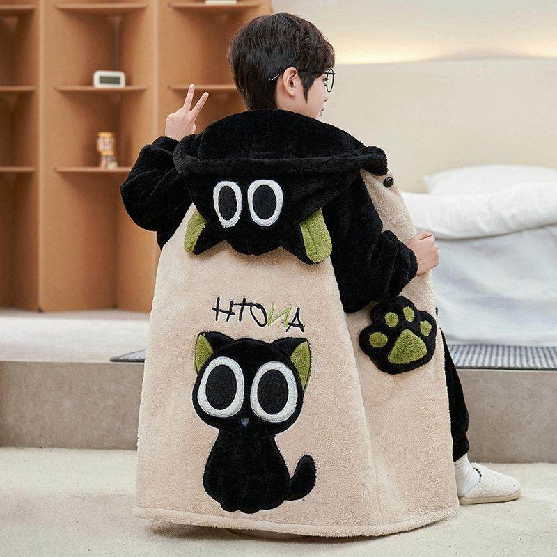 罗小黑周边男童珊瑚绒睡袍青少年浴袍秋冬加厚保暖法兰绒家居睡衣