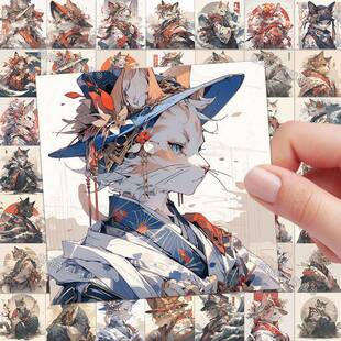 62张国风猫咪贴纸汉服可爱帅气复古浮世绘Ai手账平板装饰贴画防水