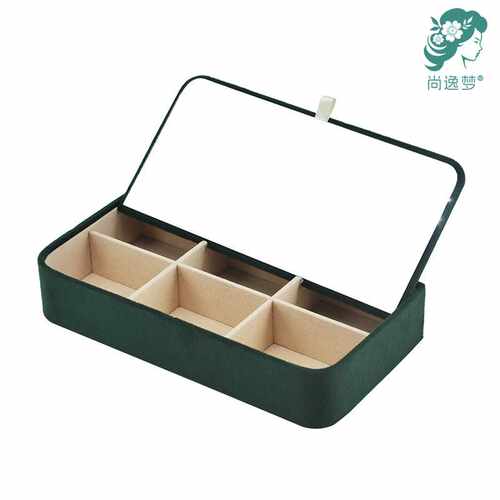 MDF木框绿色绒布面带镜子盖小格子桌面珠宝首饰饰品收纳盒复古风