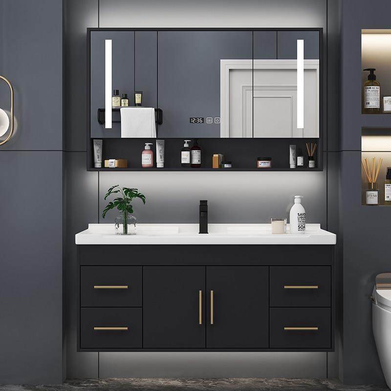 实木智能镜柜黑色浴室柜组合化妆室一体陶瓷盆洗手盆洗脸盆洗漱台