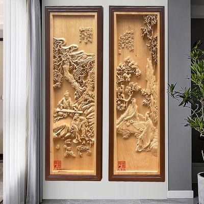 东阳木雕实木手工入户门客厅背景墙挂件人物琴棋书画一套独板椴木