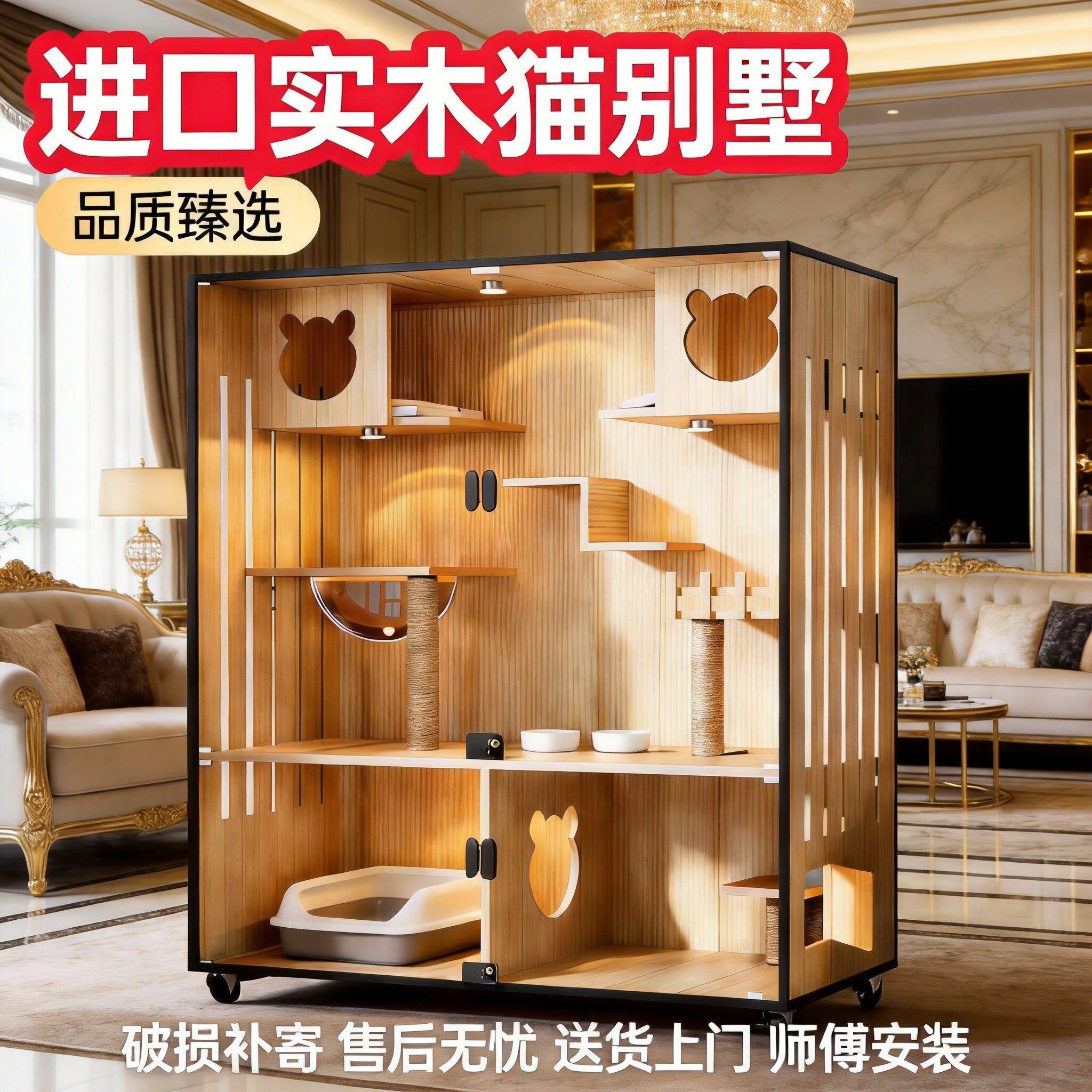 豪华实木猫别墅家用室内猫窝超大空间猫柜全景玻璃猫舍带厕所一体