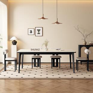 德利丰实木岩板洞石餐桌黑色白蜡木客厅家用小户型现代简约饭桌椅