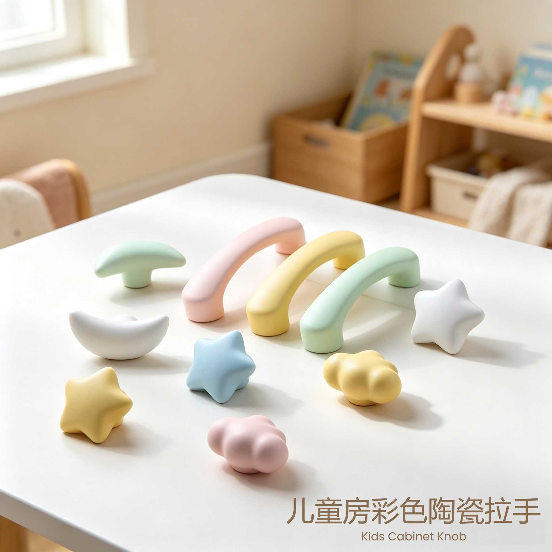 马卡龙彩色陶瓷拉手儿童橱柜衣柜