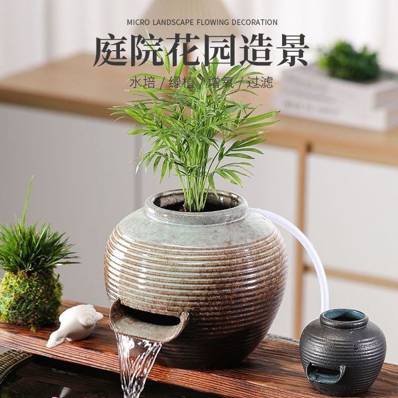 古法鱼缸瀑布造景流水景观陶罐