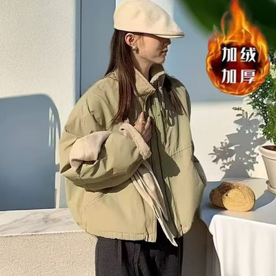 短款派克服女羊羔毛外套加绒加厚