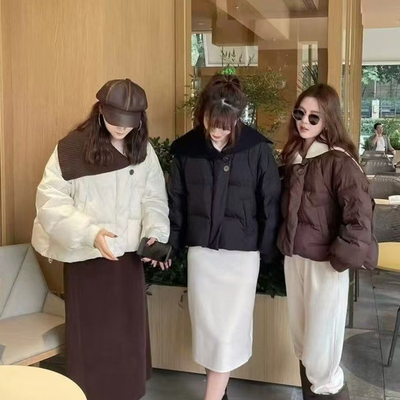 短款羽绒服女时尚拼接针织立领