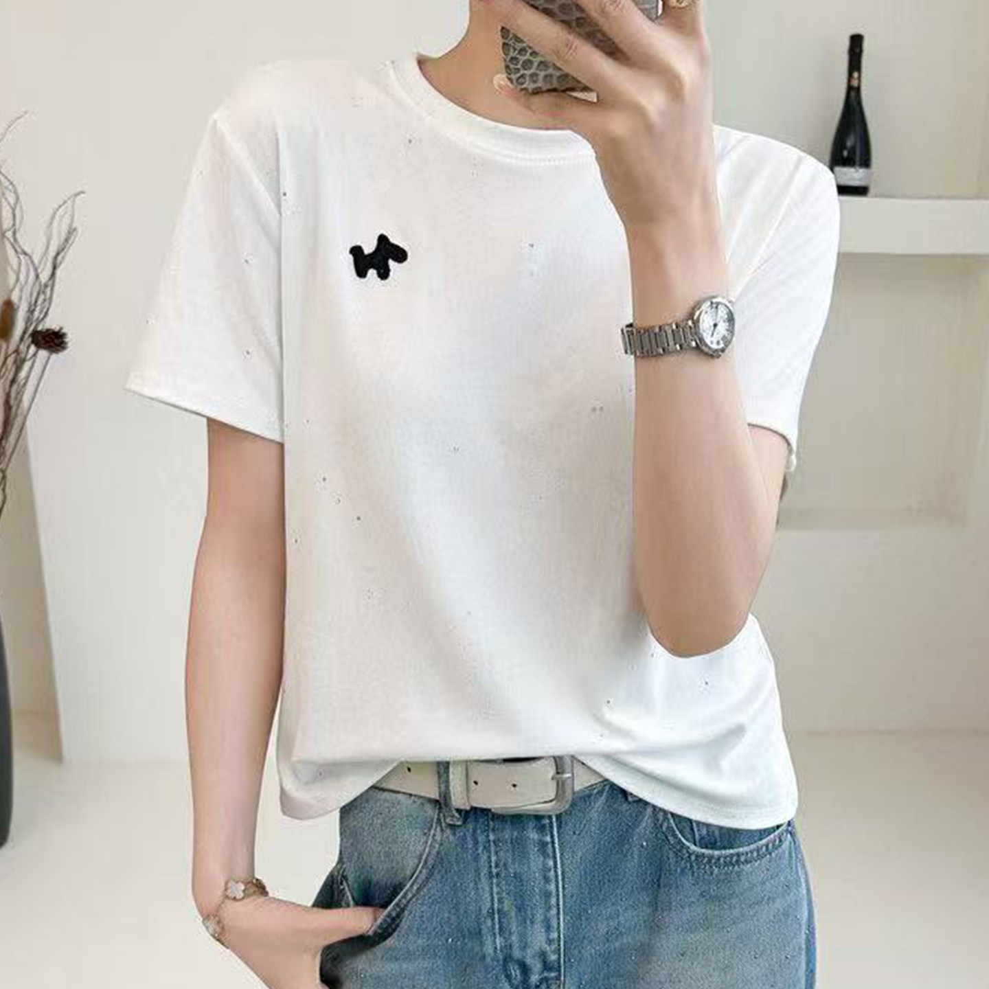 夏季满天星白色显瘦遮肚T恤女图片
