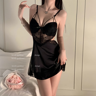 法式性感纯欲风真丝睡衣高端轻奢大胸聚拢蕾丝显瘦吊带睡裙带胸垫