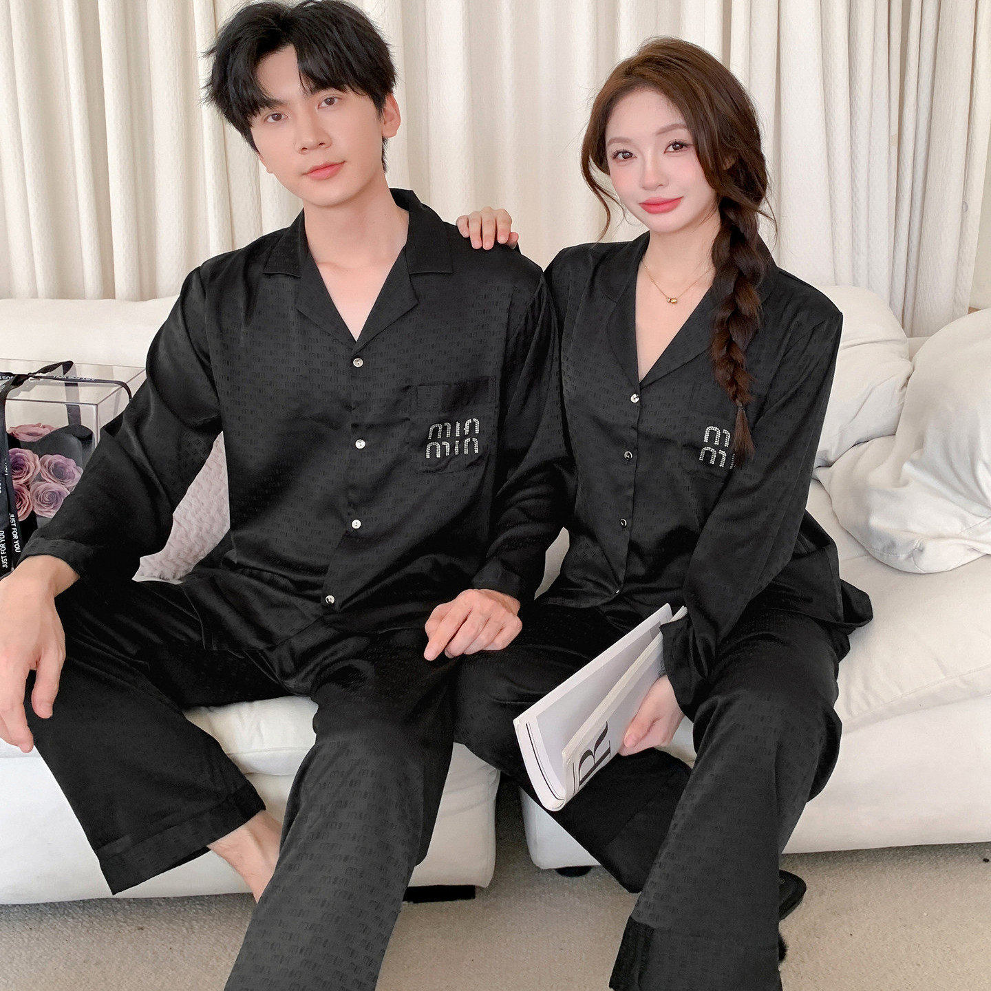 真丝睡衣轻奢高级感时尚简约风情侣款长袖长裤家居服两件套礼盒装