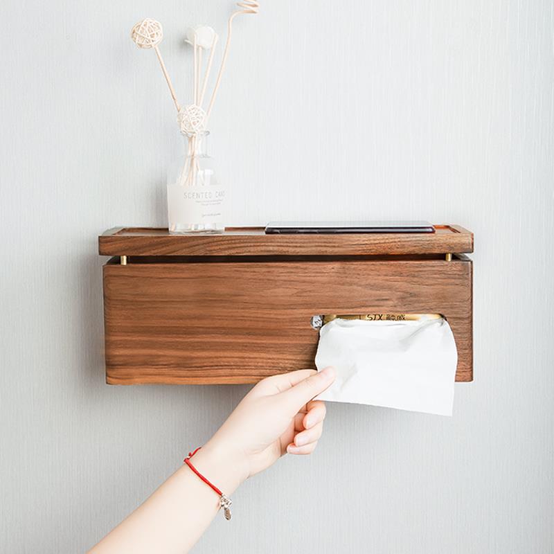 壁挂纸巾盒卫生间免打孔式擦手抽纸盒厕所卫生纸置物架黑胡桃实木