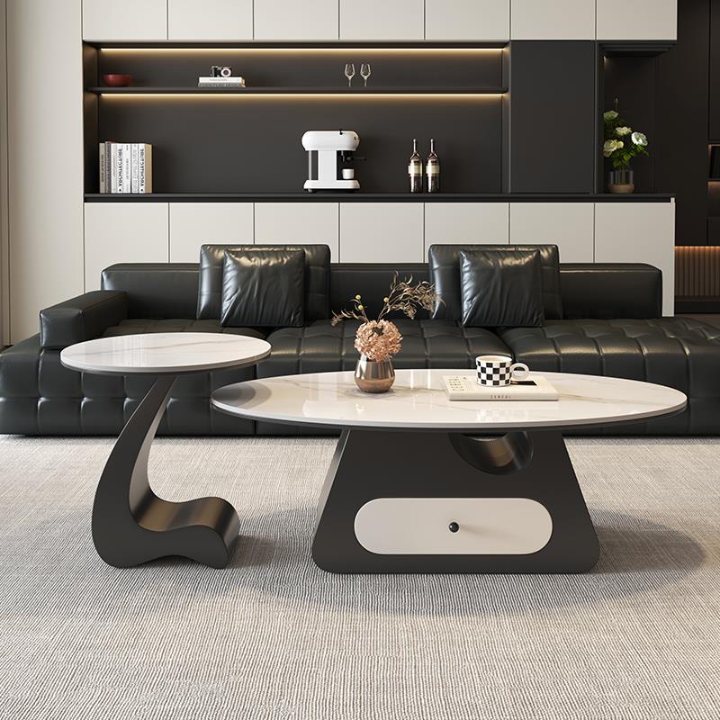 岩板椭圆形茶几客厅家用轻奢现代简约大小户型意式黑色极简高级感