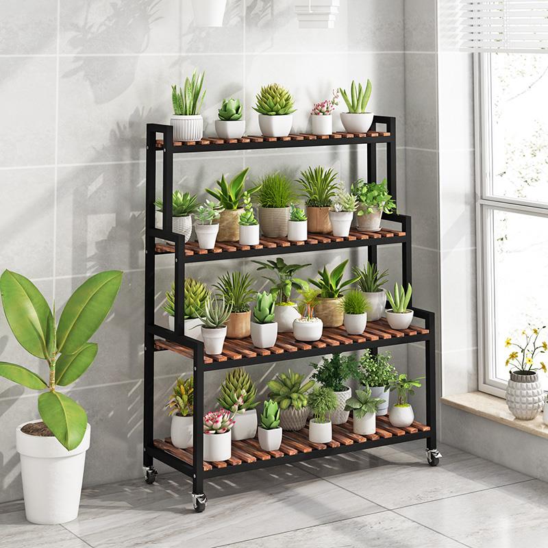 简约现代风格实木铁艺花架 多层带轮 适合客厅阳台置物架