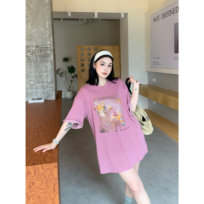 PRASE吕噜噜【旧梦东方】夏季微胖显瘦气质短袖圆领宽松花卉T恤女