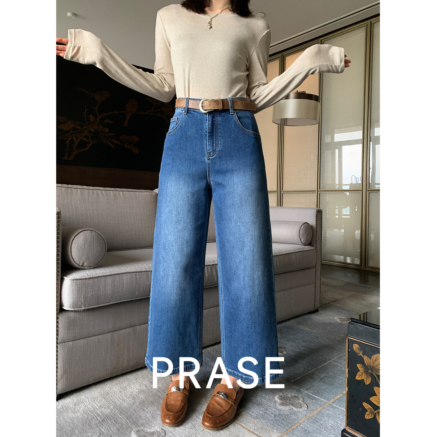 PRASE吕噜噜【T台牛仔】微胖显瘦牛仔棉九分高腰显瘦直筒牛仔裤女 - 实物图